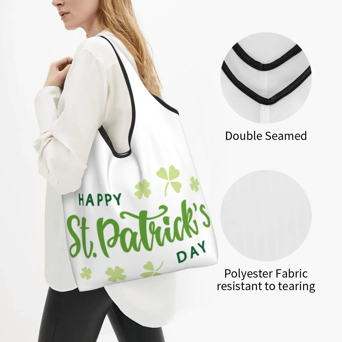 Reusable Lucky Green Shamrock Grocery Bags Recycle Foldable Irish Saint St Patrick's Day Shopping Eco Bag Washable With Pouch