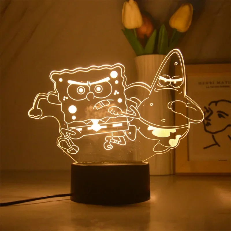 3D Warm White Light Night Lights LED Desk Lamp Cartoon Spongebobs Pattern Atmosphere Lamps Desks Stationery Gift for Students