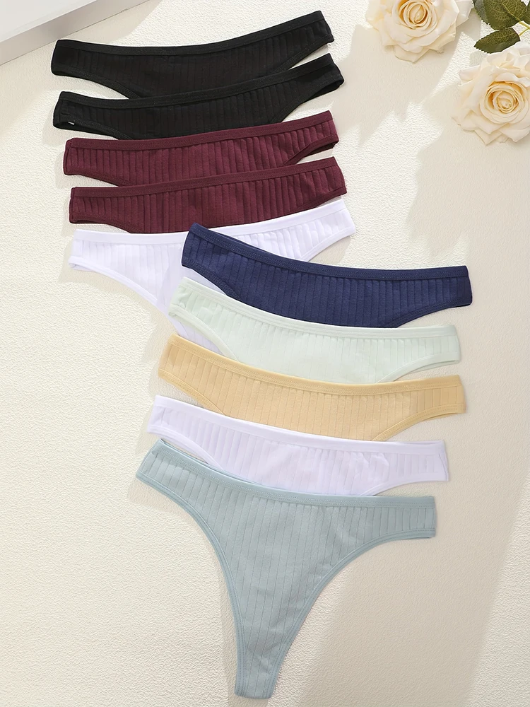 10PCS/Set Women Cotton Panties G-String Panties Sexy Underwear Female Lingerie Thong Briefs for Woman Solid Color Intimate Panty