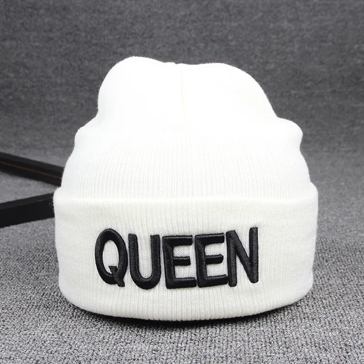 Hot KING QUEEN Letter Embroidery Knitted Cap Hip Hop Men Women Lovers Street Dance Bonnet Warm Hat Skullies Black White