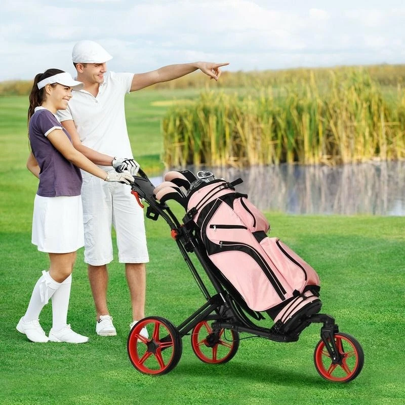 

Folding Golf Push Cart with Scoreboard Adjustable Handle Swivel Wheel-Red