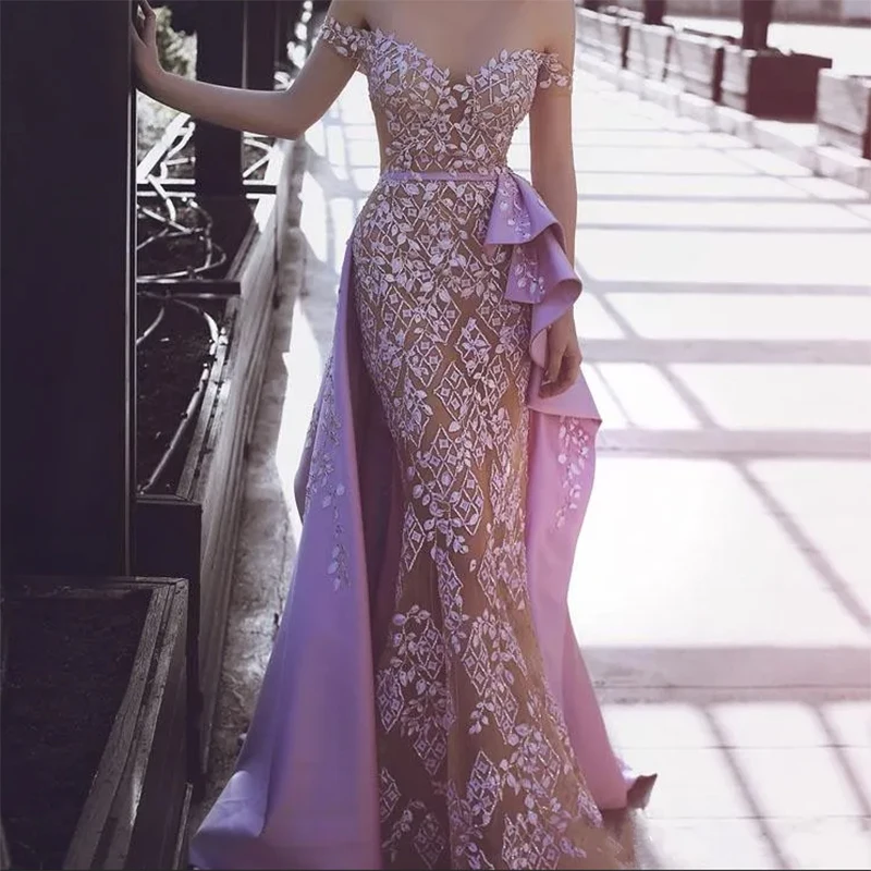 Lavender Mermaid Lace Appliqued Beads  Dresses Off Shoulder Formal Evening Dresses Prom Gowns