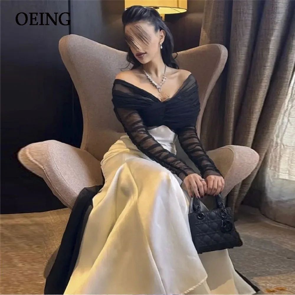 OEING Black Tulle Off The Shoulder Evening Dress Fairy Stain Pleated Prom Gown Ankle Length Party Dresses Formal Occasion Gowns