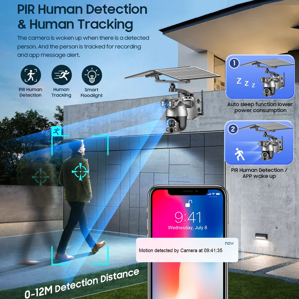 Caméra solaire 4K 50X ZOOM 10MP 4G SIM 360 °   Caméra de sécurité extérieure PTZ à double objectif, suivi humain, surveillance WIFI, Vision nocturne PIR