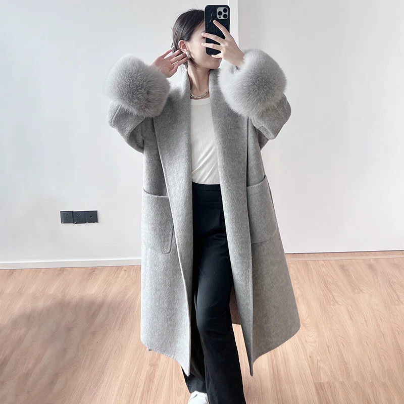 2024 Women's Winter Cashmere Wool Coats New Arrivals Fashion Oversized Trench Coat Fox Fur Cuff