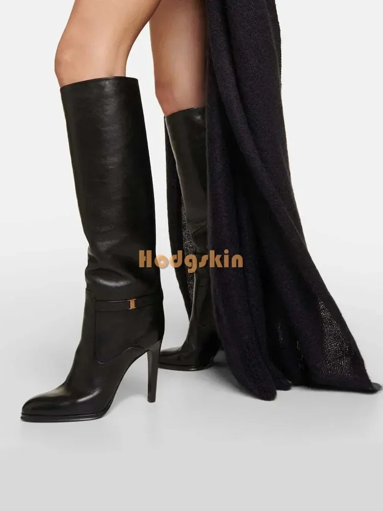 Suede Brown Stilettos Knee-high Boots Pointed Toe Side Metal Decor Slip-on Motorcycle Boots Fashion Office Lady New Modern Shoes