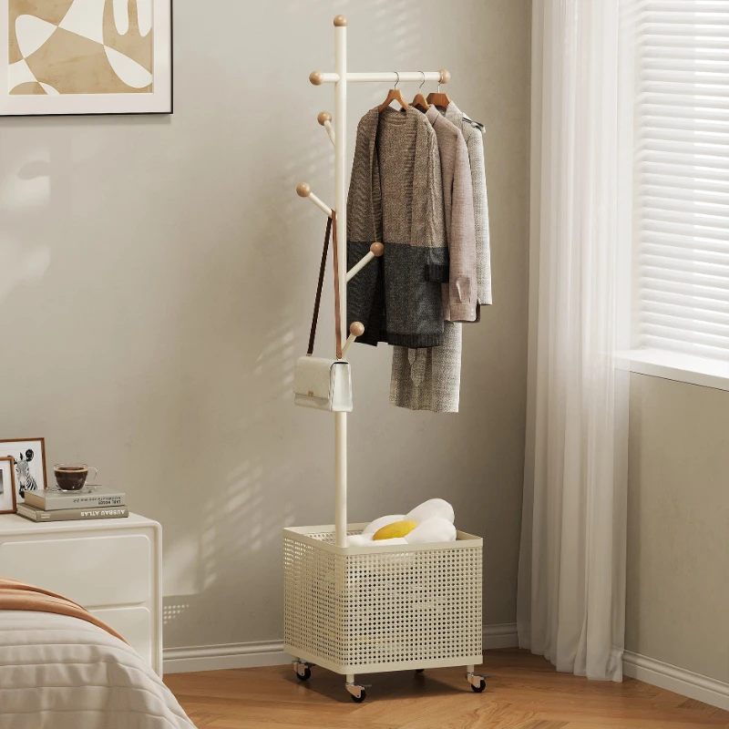 Cream Iron Clothing Rack Floor Standing Hat Hanger for Bedroom Spacious Home Storage Shelf Mobile Laundry Basket Organizer