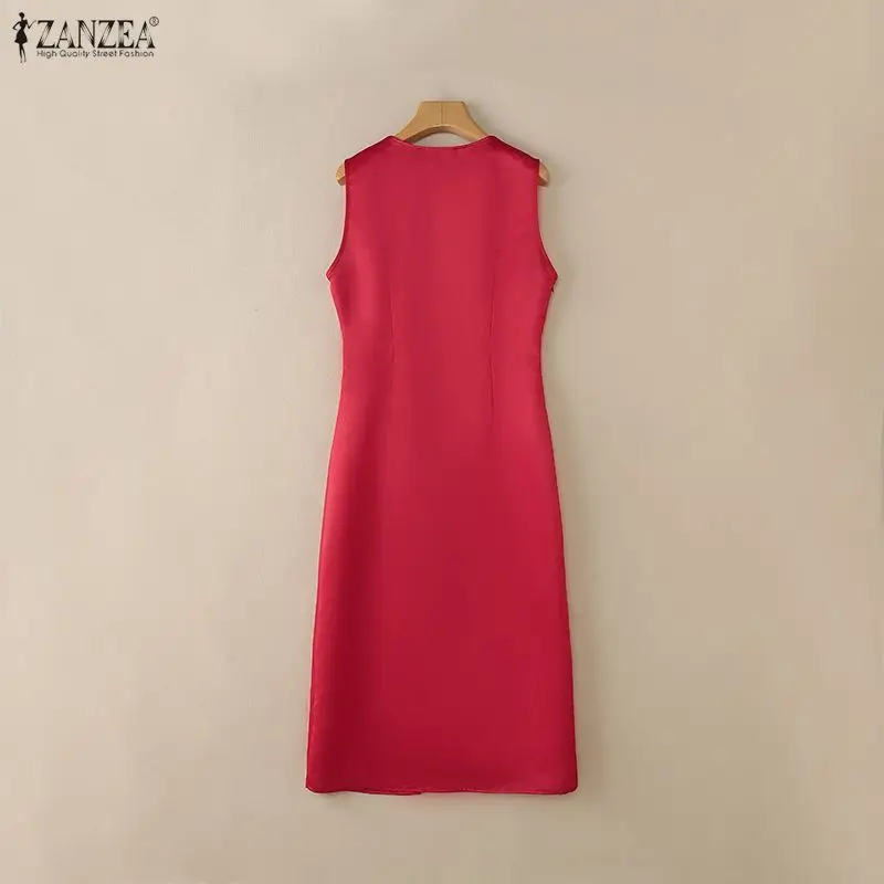 2026 elegante decote em v sem mangas vestido de verão zanzea feminino vestido de verão elegante impresso trabalho midi vestidos de cetim botões até vestido de verão