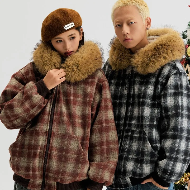 الموضة الأمريكية منقوشة الفراء طوق مقنعين سترة قطن للأزواج الشتاء سميكة معطف غير رسمي الاتجاه الملابس الذكور #1