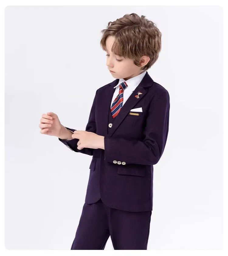 4Pieces Boys Purple Jacket Vest Pants Bowtie Photograph Suit Kids Easter Church Ceremony Dress Children Birthday Party Costume