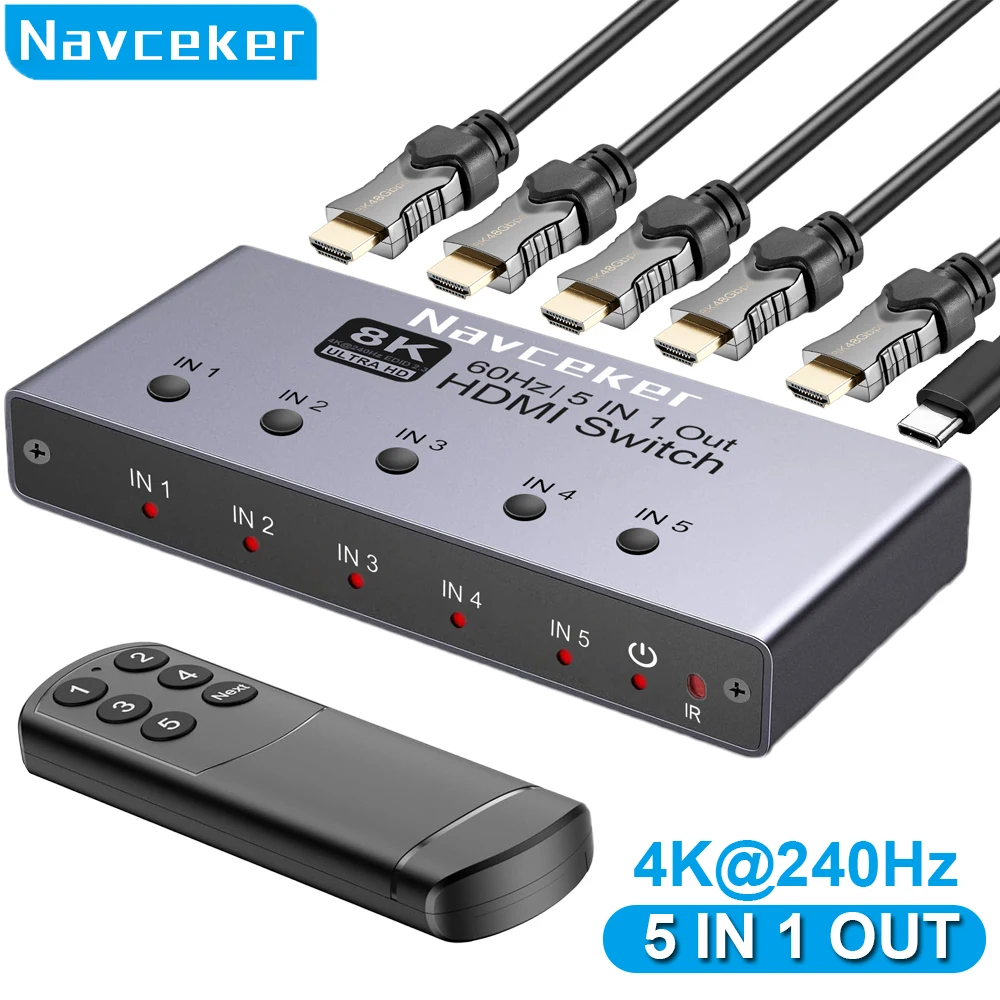 

Navceker 8K HDMI 2.1 Switch Splitter 4K 240Hz 5 Port HDMI 2.1 Switcher with remote 5 In 1 Out for PS5 Xbox Series X Apple TV