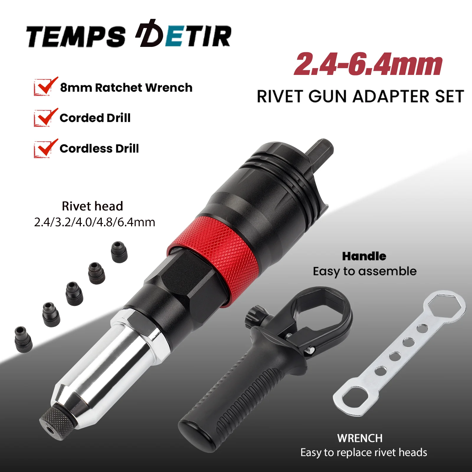 Электрический клепальный станок, Адаптер для пистолета для заклепок, Беспроводной клепальный преобразователь, Портативный бытовой клепальный инструмент 2,4/3,2/4,0/4,8/6,4 мм