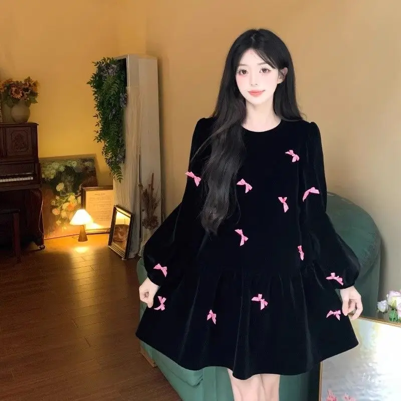 

Bow Black Velvet Dress Hepburn Style Round Neck Puff Sleeves 2025 Spring New Design Long-Sleeved Skirt