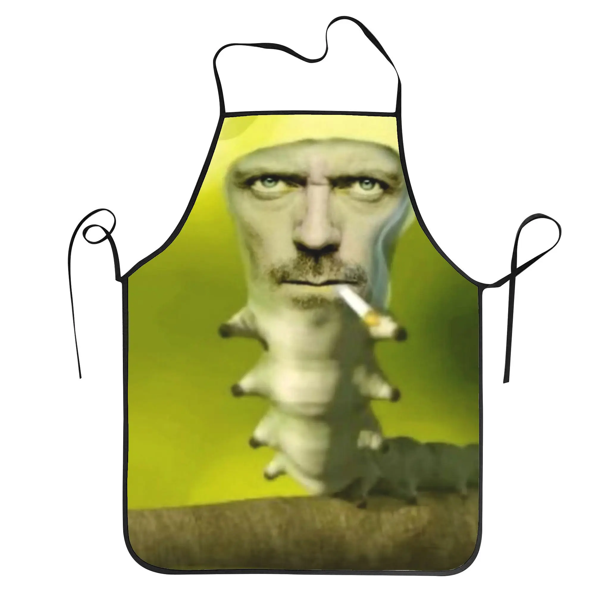 Surreal Man Face & Caterpillar Apron, Funny Green Background Kitchen Bib, Novelty Cooking Gift for Men Dad Grill Master