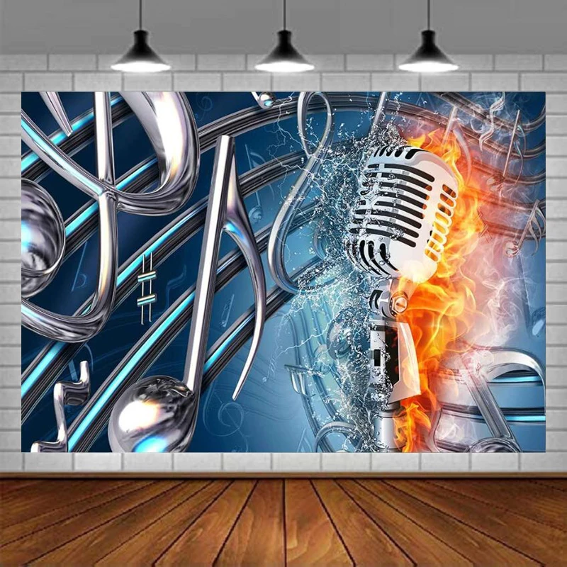 

Microphone Photography Backdrop Water Fire Dream Rock Music Symbol Background Concert Party Fire Blue Water Red Flame Musical