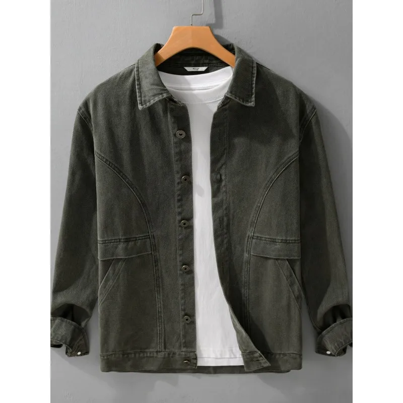 

Retro Washed Pure Cotton Workwear Jacket Men's American Style Denim Patchwork Outerwear Trendy High-End Feel Collar