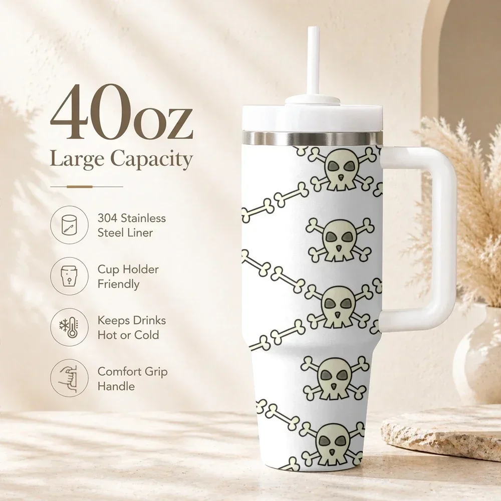 Human Skulls Gothic Vacuum Flasks 40oz Portable Stainless Steel Tumbler with Handle Straw Double Wall Vacuum Insulated Mug