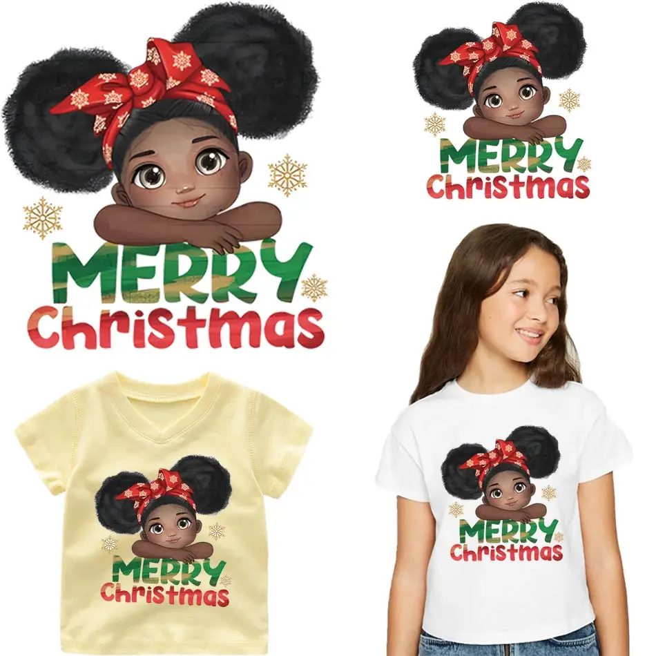 Beautiful Black Girl Thermal Sticker On T-shirt DIY A-levels Iron On Transfers On Clothes Merry Christmas Patch For Clothing Bag