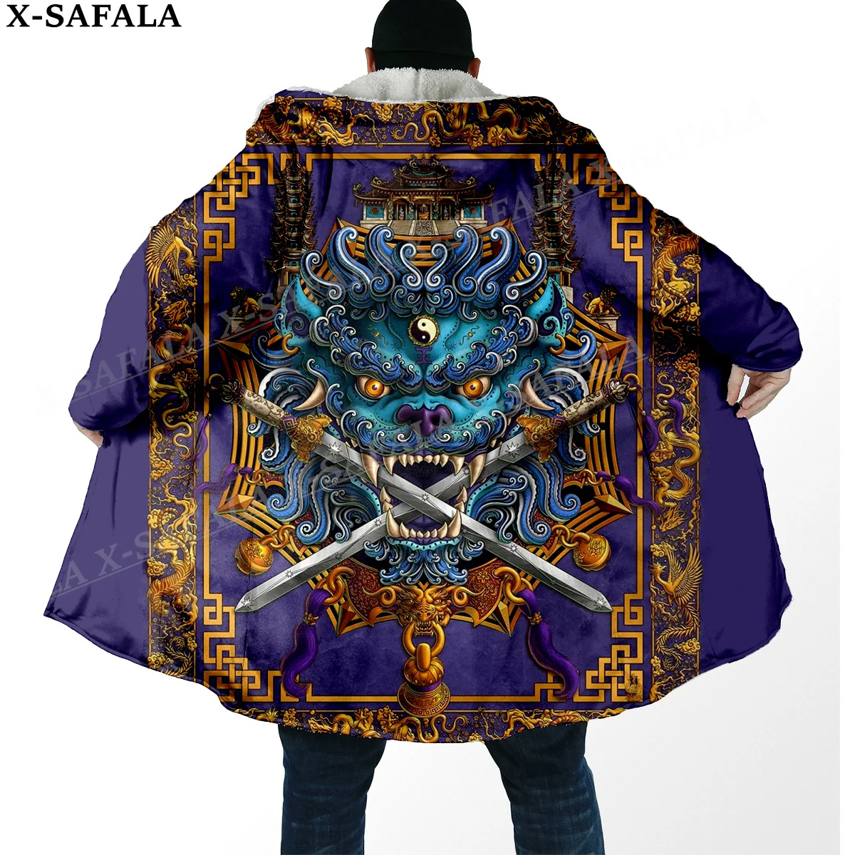 Throw Sword Lion The Eight Diagrams Print Thick Warm Hooded Cloak Men Overcoat Coat Windproof Fleece Cape Robe Hooded Blanket-6