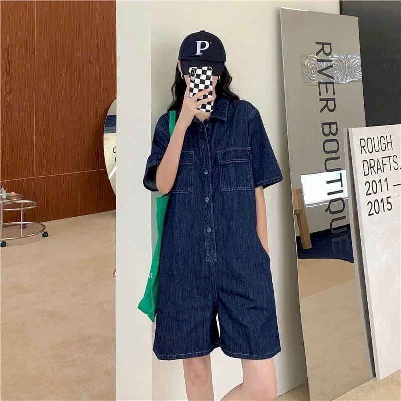 Tuta in denim pop Pantaloncini a gamba larga Tuta a vita alta Pantaloni da lavoro larghi Tuta intera di grandi dimensioni Abbigliamento donna Un pezzo