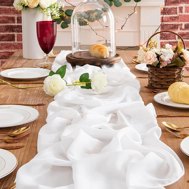 White Chiffon Table Runner Wedding Decoration Bridal Baby Shower Birthday Party Christmas Thanksgiving Halloween Events Supplies