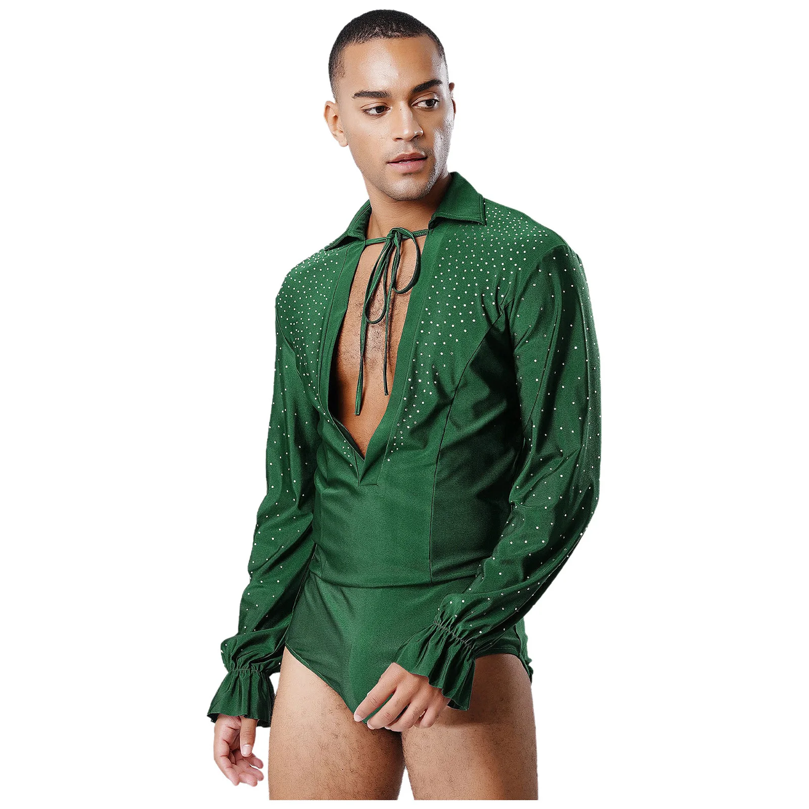 メンズラテンジャズダンスレオタードラインストーン V ネックダンスシャツユニタード社交モダンラテンタンゴルンバチャチャボディスーツダンスウェア