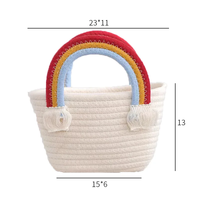 Rainbow Cotton Rope Woven Bag Handbag Girls Handmade Desktop Storage Basket Cosmetic Organizert Box Picnic Basket