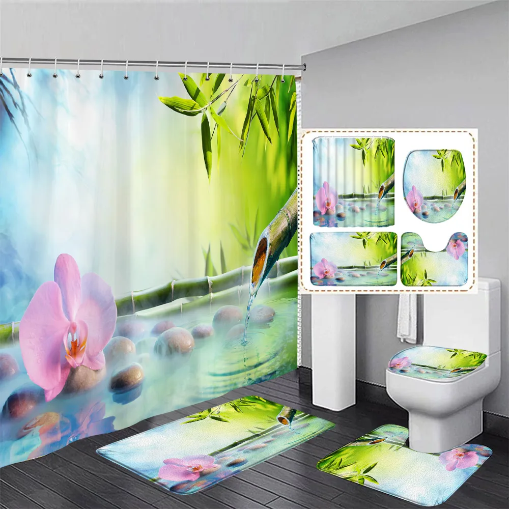 Zen Shower Curtain Set Green Bamboo Lotus Orchid Flower Spa Scenery Modern Bathroom Decor Curtains Bath Mats U-mat Toilet Cover