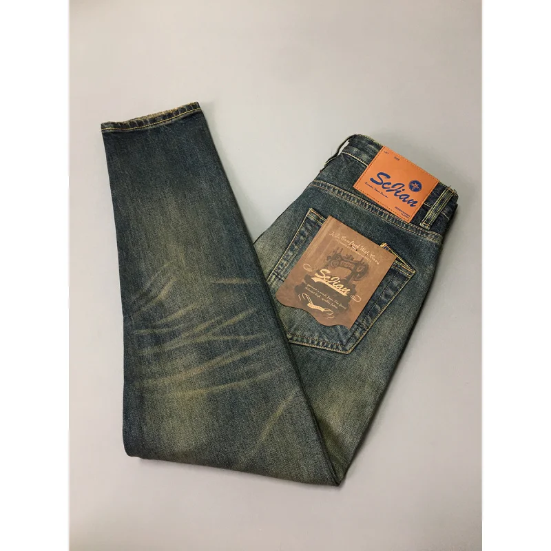 ストリートファッションヘビーウェイトレトロジーンズメンズトレンドダメージウォッシュデニムスリムフィットスモールレッグパンツ