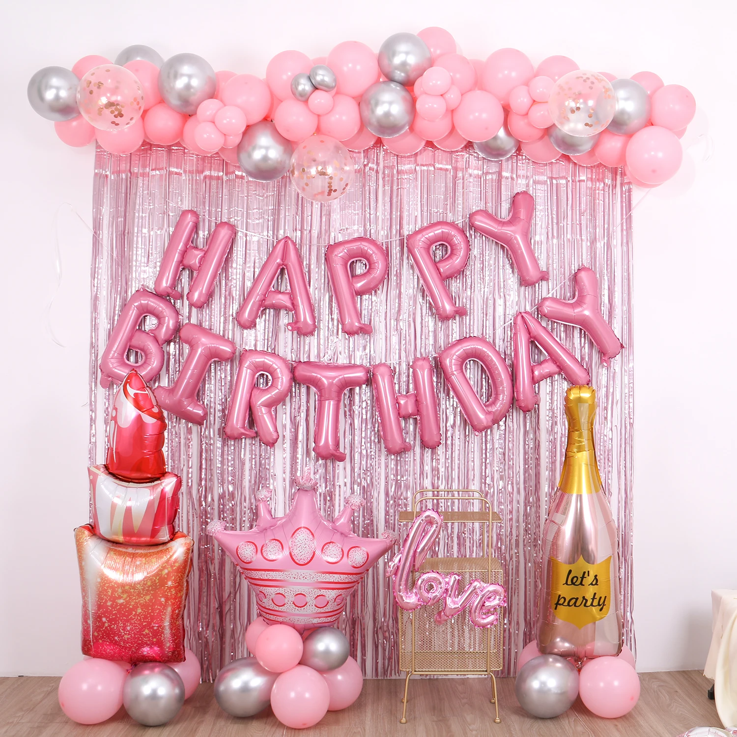 Ladies pink birthday party decoration, happy birthday for girls, pink tassel birthday banner, happy birthday letter balloon