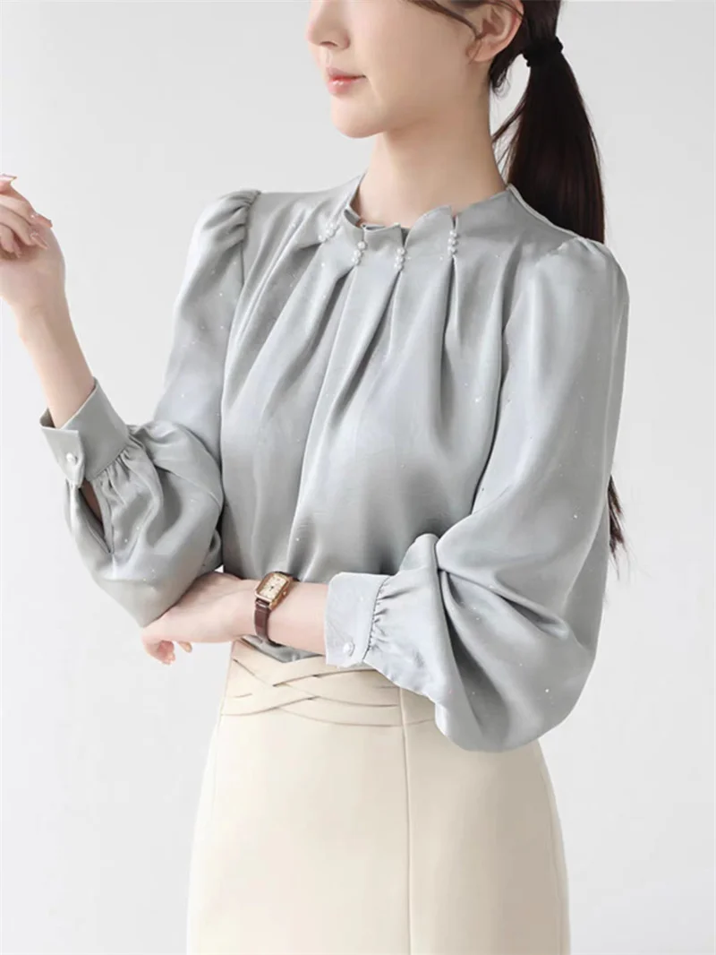 2026 Autumn New Stand Collar Beaded Satin Blouse Women Puff Long‑Sleeve Office Commuter Elegant Shirts