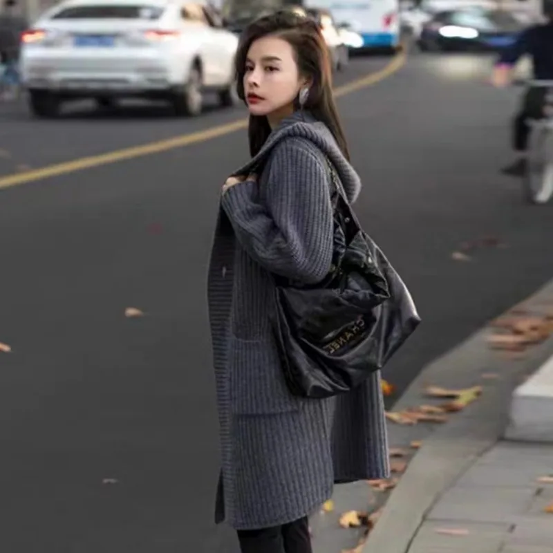 Autumn New Korean Single Breasted Hooded Sweater Jacket Elegant Solid Color Medium Long Cardigan Casual Loose Women's Knitwear