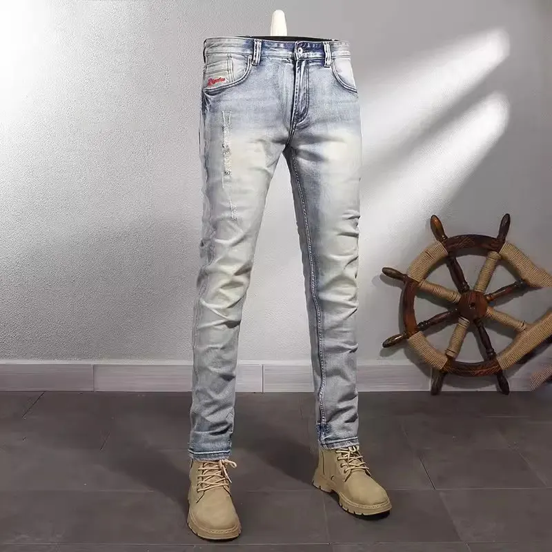 

Designer Vintage Men's Jeans High Quality Vintage Light Blue Elastic Slim Fit Split Jeans Men's Spliced Fashion denim Pants