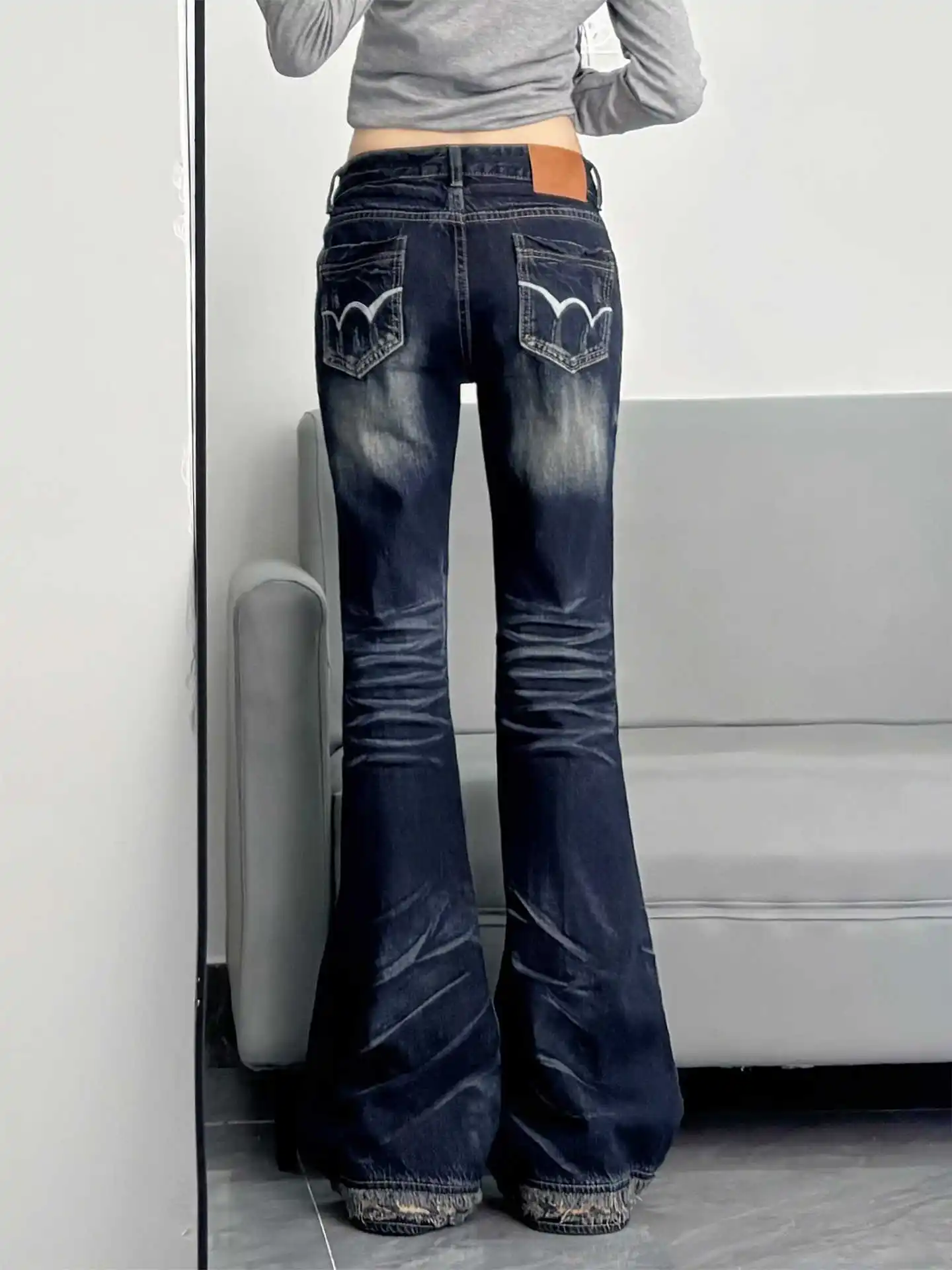 Осень-зима 202, женские американские ретро-низкие синие уличные джинсовые брюки-клеш 2000-х годов Y2k, узкие джинсы в сложенном виде, расклешенные джинсы