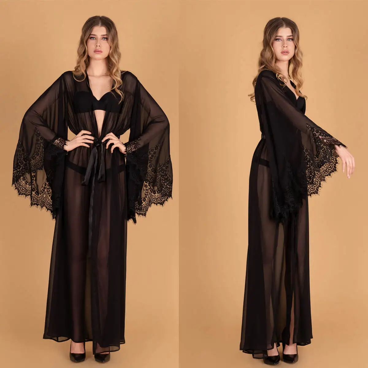 Sexy Sheer Women's Robe V Neck Long Sleeves Appliques Lace Nightgown Black Lady Party Sleepwear Evening Dress Customized