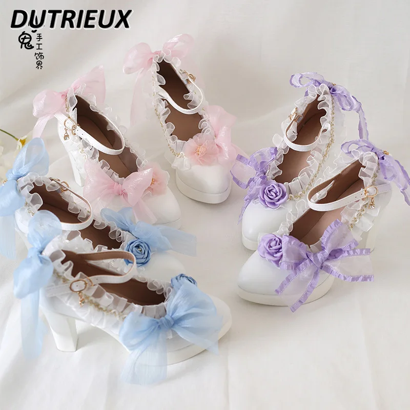 

Japanese Original Lolita Lace Bow High Heels Elegant Pointed Lolita Sandals Chunky White Heel Wedding Shoes Bride Women Shoes