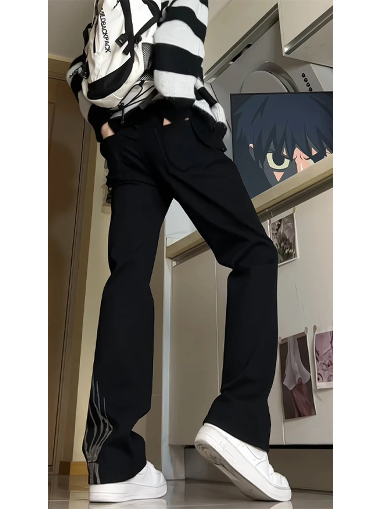 

Прямые джинсы с вышивкой в стиле хип-хоп и черепом, мужские осенне-зимние утягивающие брюки-клеш Bla Micro, молодежная мода