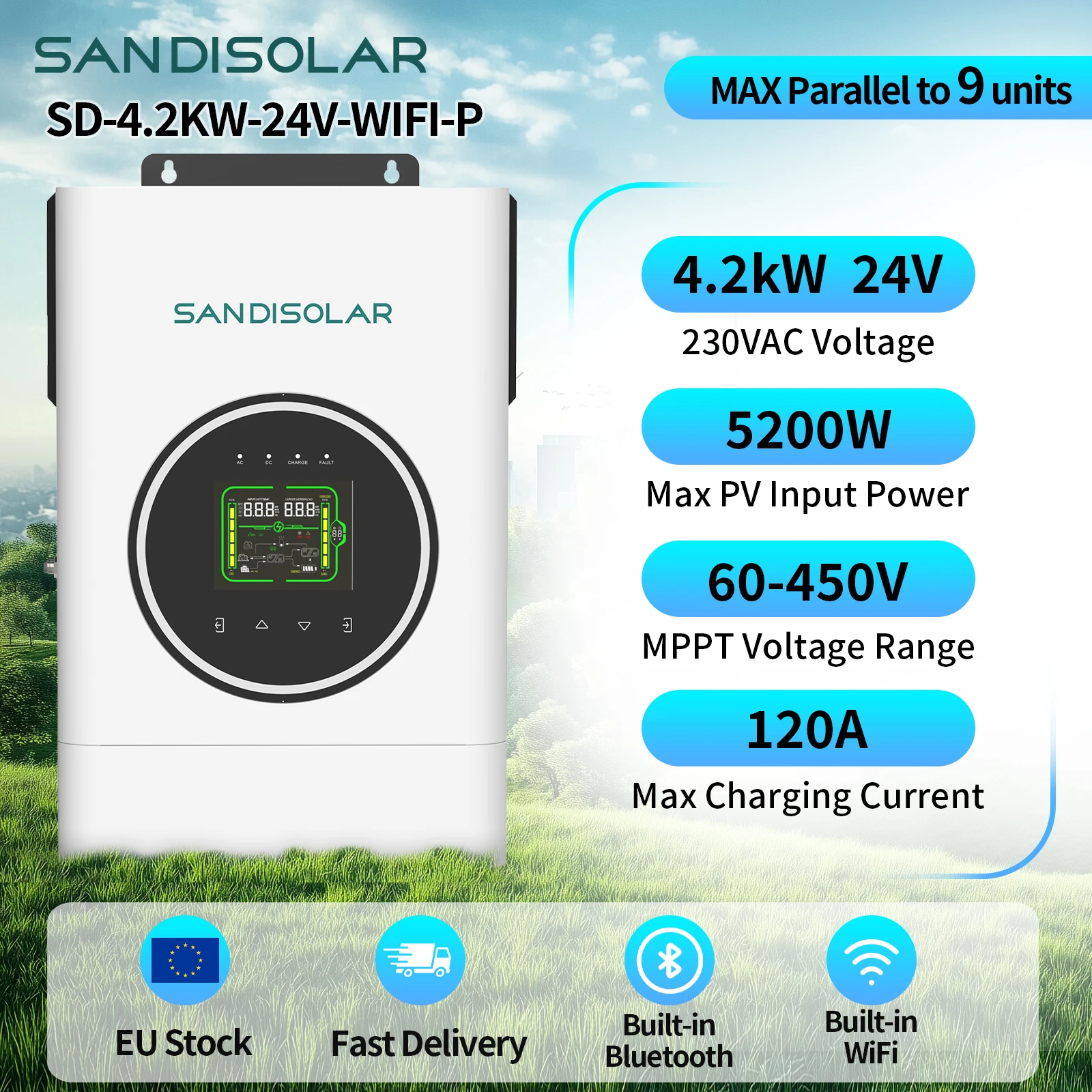 SANDISOLAR 4200W Hybrid-Solarwechselrichter 24V Reine Sinuswelle Eingebautes WLAN 120A MPPT-Ladegerät 500V PV-Eingang Netzunabhängiger Energiespeicher-Wechselrichter