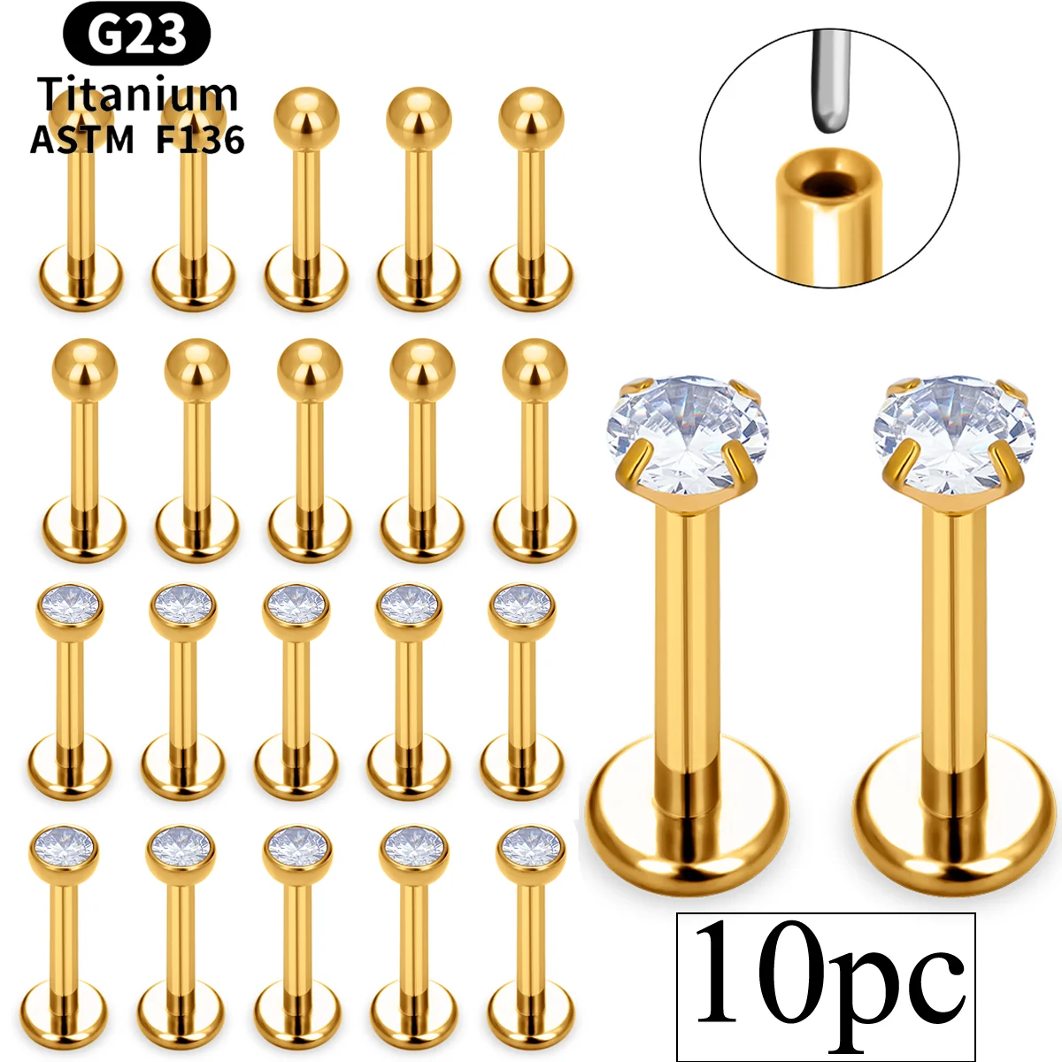 10PCS 16/18G Threadless Labret Lip Ring Stud Earring CZ ASTM F136 G23 Titanium Ear Tragus Cartilage Helix Daith Piercing Jewelry