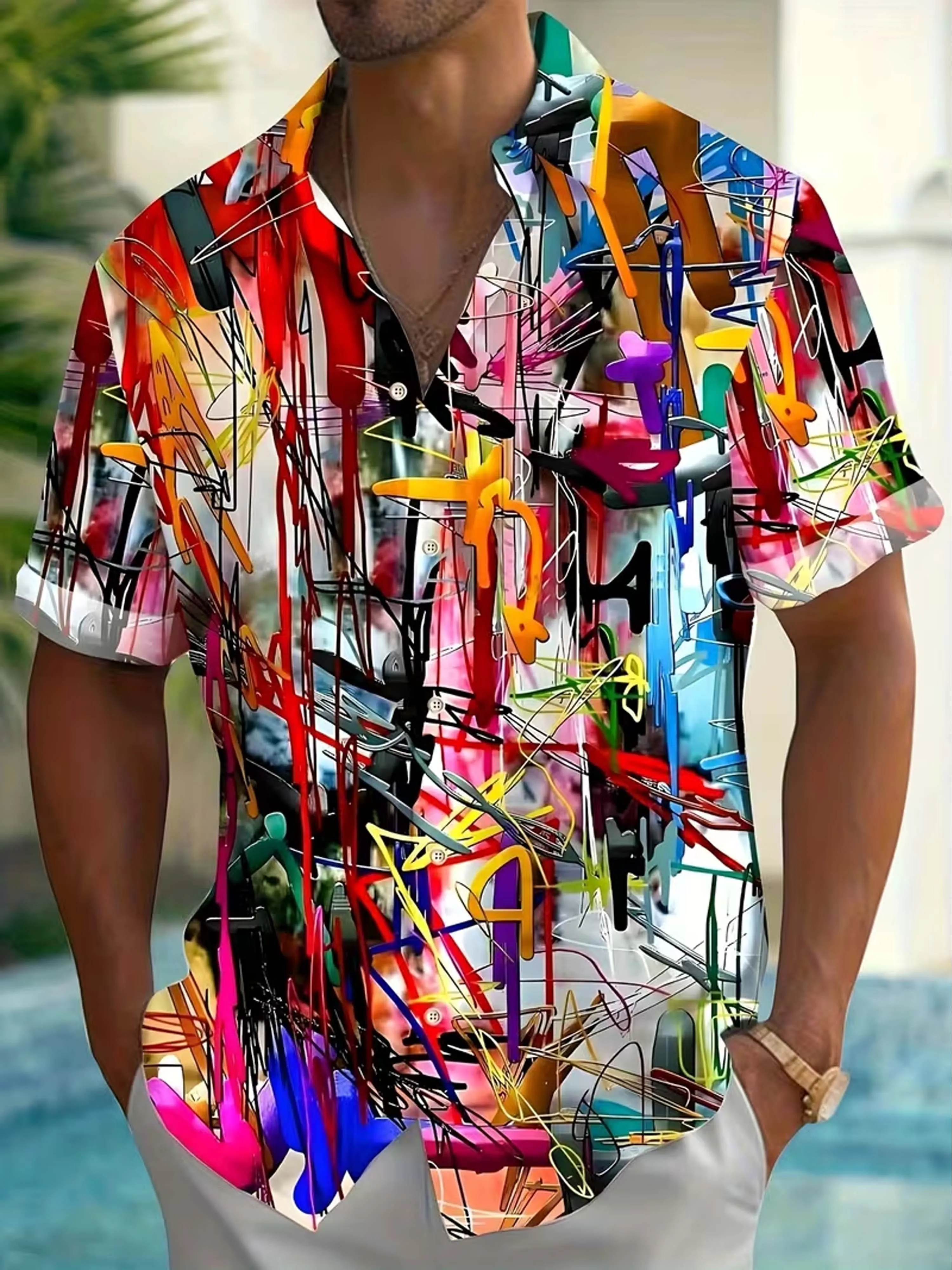 Men's Shirt Colorful Abstract Graffiti Line Print Short Sleeve Turn Down Collar Loose Summer Street Casual Tops Mens Clothing