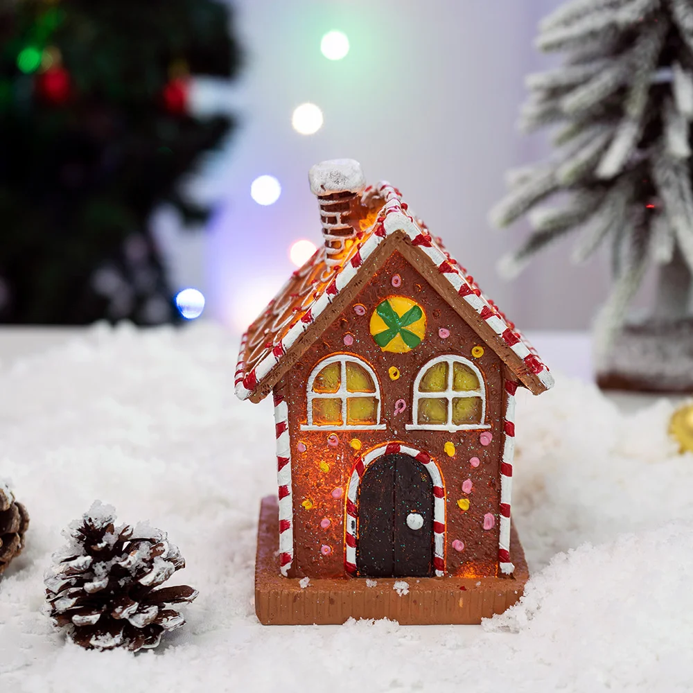 New Christmas Resin Shine Gingerbread House Desktop Ornament Living Room Bedroom Creativity Home Decoration Festive Atmosphere