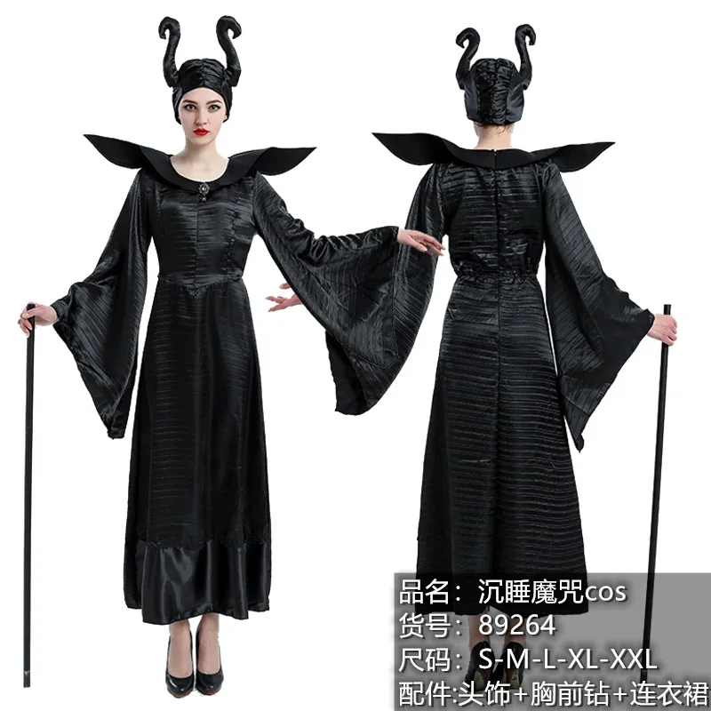 

Halloween Witch Maleficent Sleeping Beauty Movie Costume Adult Women Evil Dress Horn Hat Outfit Hat Helmet Hood Bar M-2XL