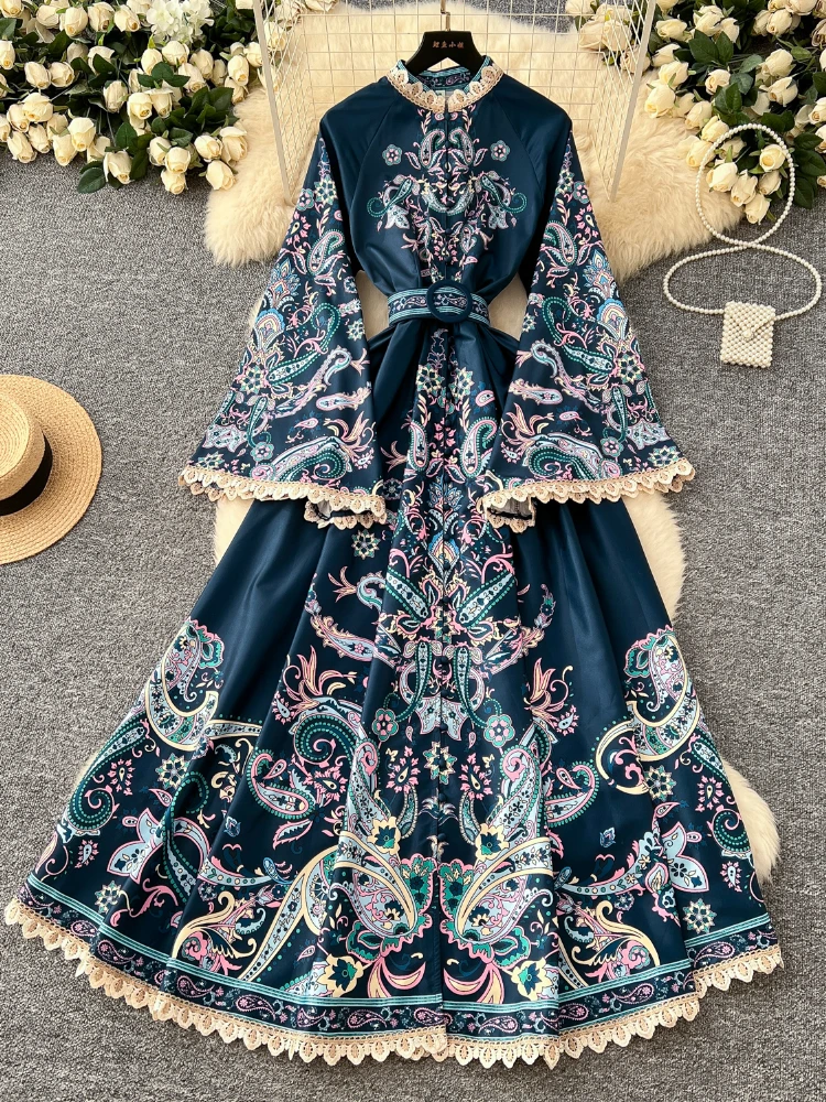 

France Elegant Vintage Palace Evening Dress Women Print Sashes Button Long Party Dress Female Casual Holiday Luxury Clothing New