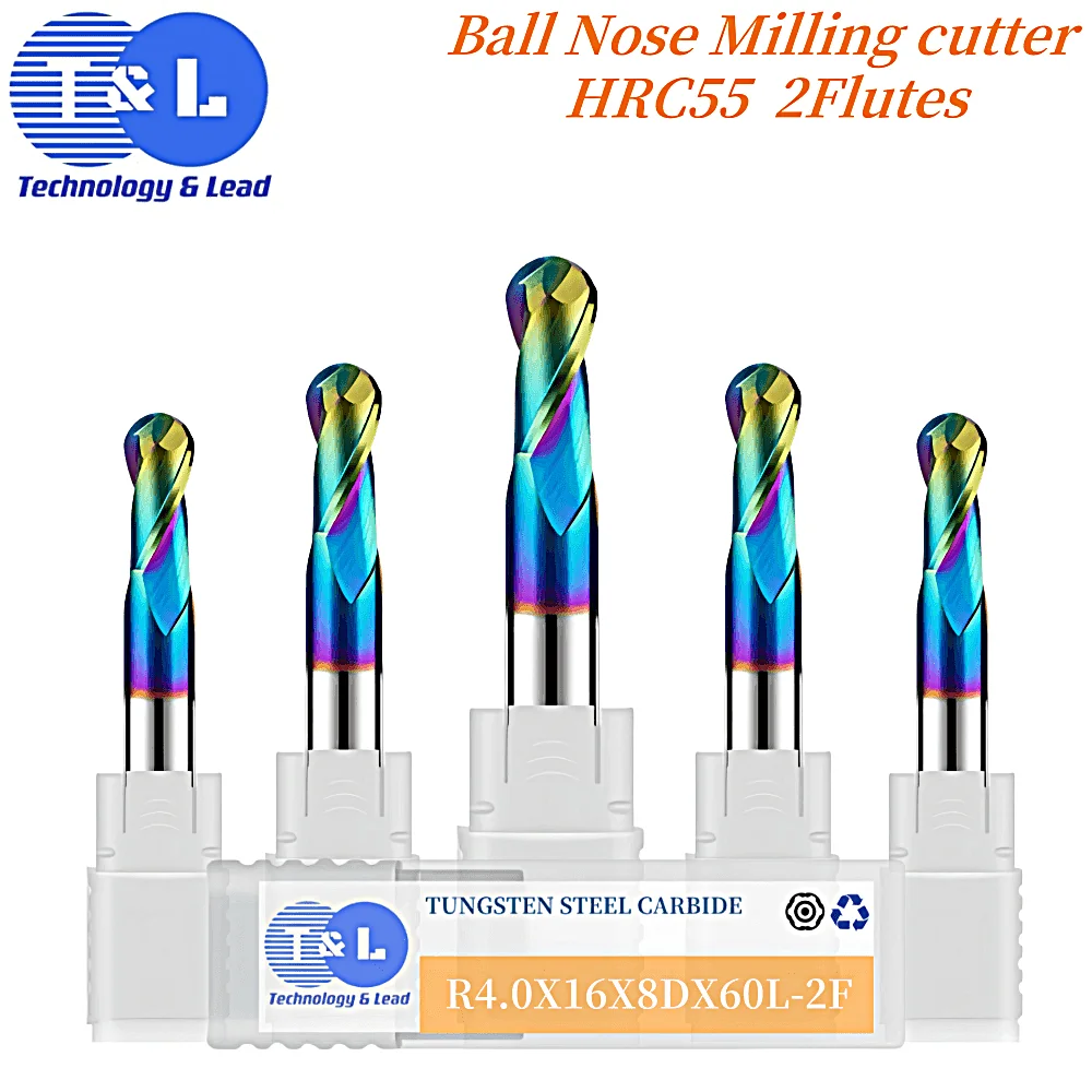 

T&L HRC55 2F Colorful Coating Tungsten Steel Carbide Aluminum Ball End Milling Cutter CNC Mechanical Machining End Mill Tools