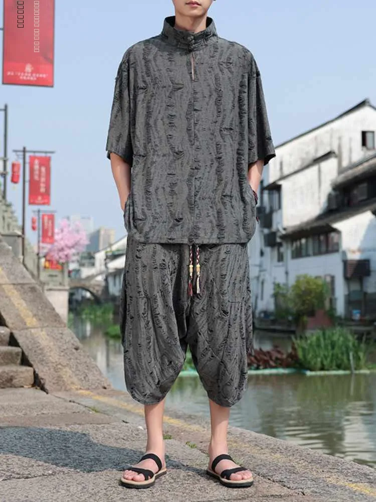 

Новый китайский мужской комплект футболок с коротким рукавом и дизайном с отверстиями: дышащий, легкий, удобный, в стиле ретро, в национальном стиле