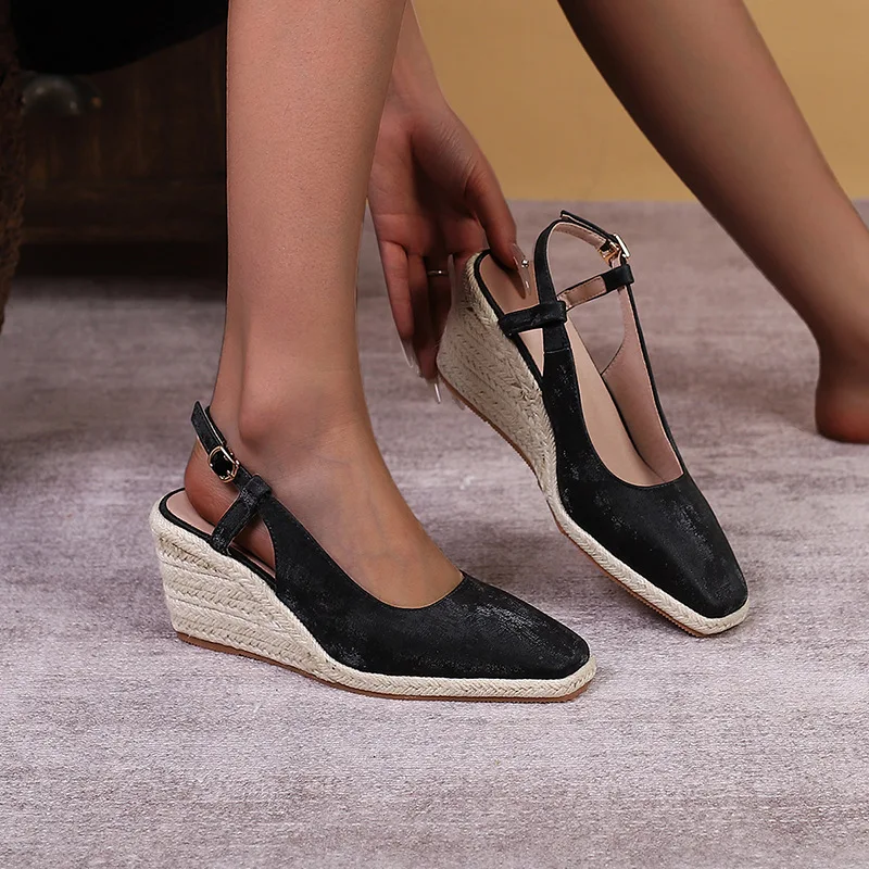 New design slingback heel wedges shoes espadrilles square toe slip on pumps shoes office lady comfort casual