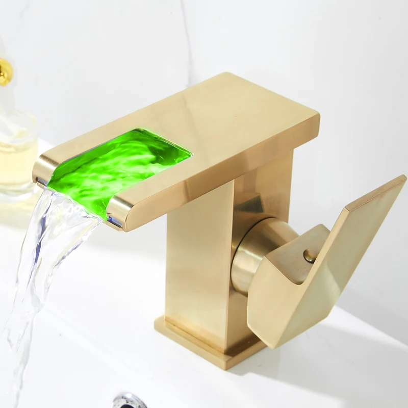 

Led Hot and Cold Brushed Gold Bathroom Faucet Faucet Waterfall Faucet Square Bathroom Basin Faucet Sink Mixer