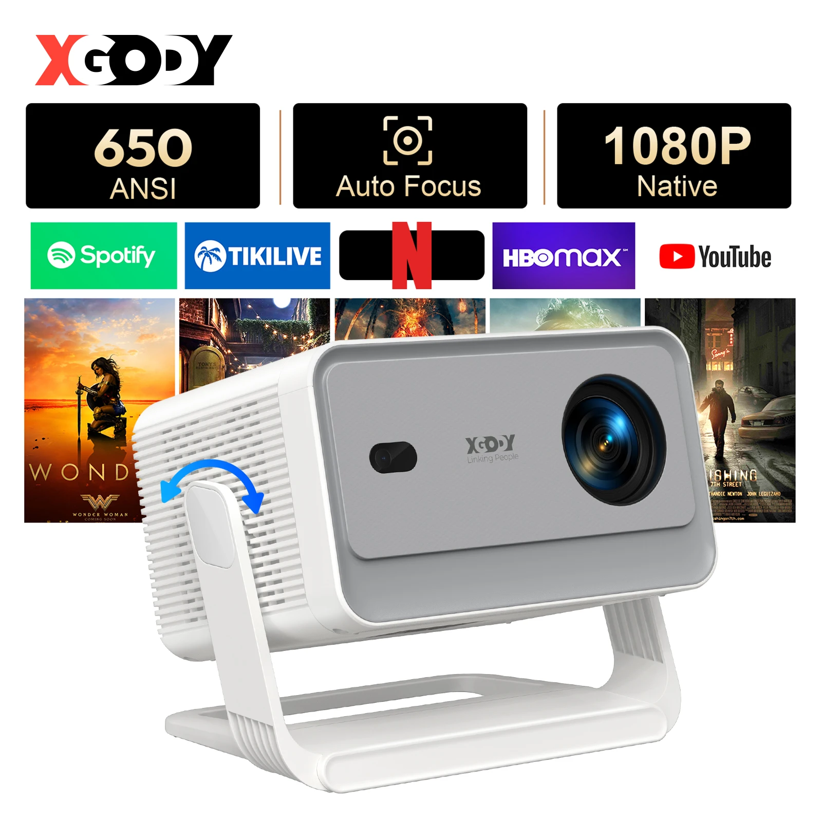 XGODY A6 Pro 650 ANSI Lumens Smart Projector, Native 1080P with 8K Decoding, Android 14, Wi-Fi 6 & Bluetooth 5.2, Auto Focus & Keystone with Auto Screen Alignment, Portable Home Theater Projector for Bedroom & Outdoor Movies