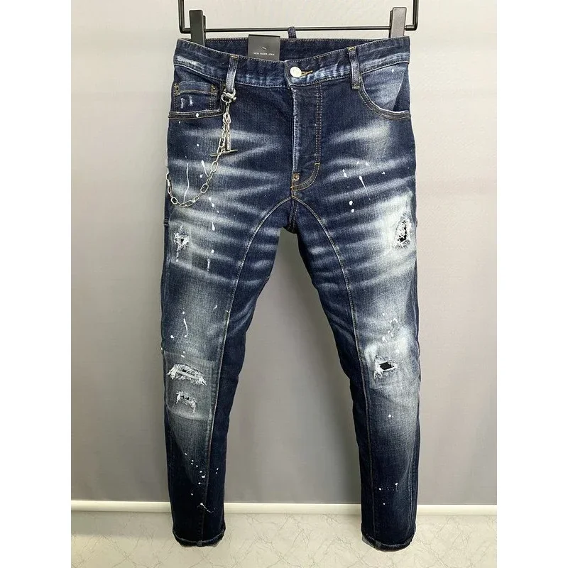 Top Brand Dsq2 Jeans Icona stile italiano Pantaloni jeans slim Pantaloni jeans da uomo Cerniera Pantaloni a matita con foro blu per uomo