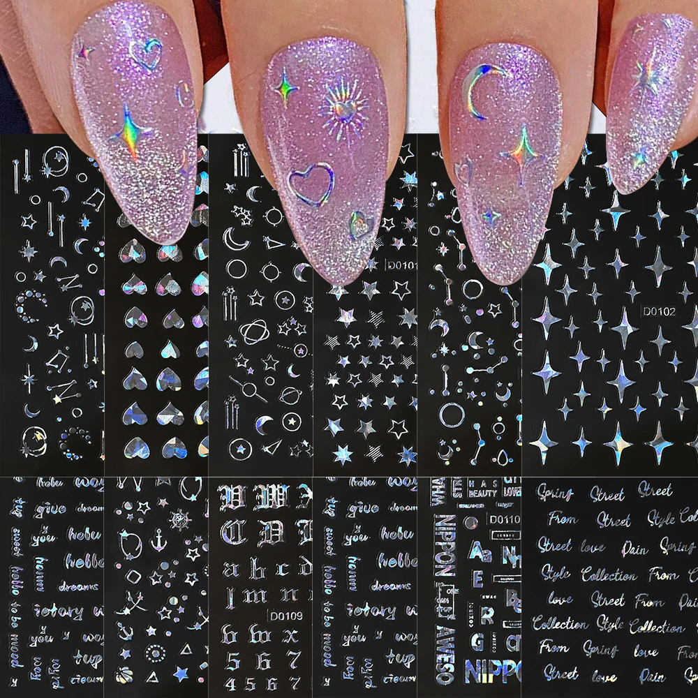 Autocollants holographiques 3D pour ongles, 12 pièces, stickers, étoile, lune, amour, cœur, or, argent, métal, design, décalcomanie, DIY